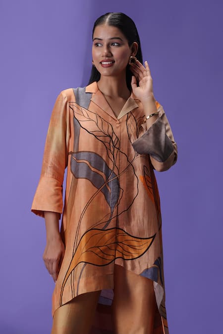 Buy Label Radini Peach Silk Collared Amber Essence Printed Kurta Set Online at Aza Fashions Buy_Label Radini_Peach Silk Collared Amber Essence Printed Kurta Set _Online_at_Aza_Fashions
