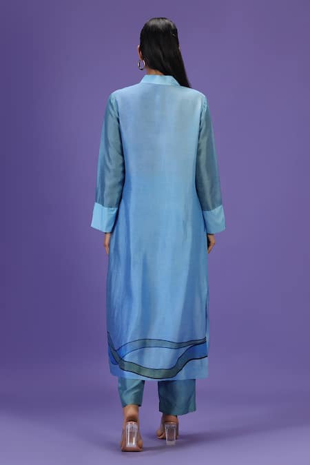 Shop Label Radini Blue Silk Collared Serene Wave Long Kurta Set at Aza Fashions Shop_Label Radini_Blue Silk Collared Serene Wave Long Kurta Set _at_Aza_Fashions