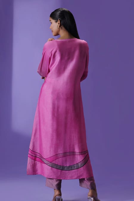 Shop Label Radini Pink Silk Round Neck Wildflower Muse Long Kurta Set at Aza Fashions Shop_Label Radini_Pink Silk Round Neck Wildflower Muse Long Kurta Set _at_Aza_Fashions