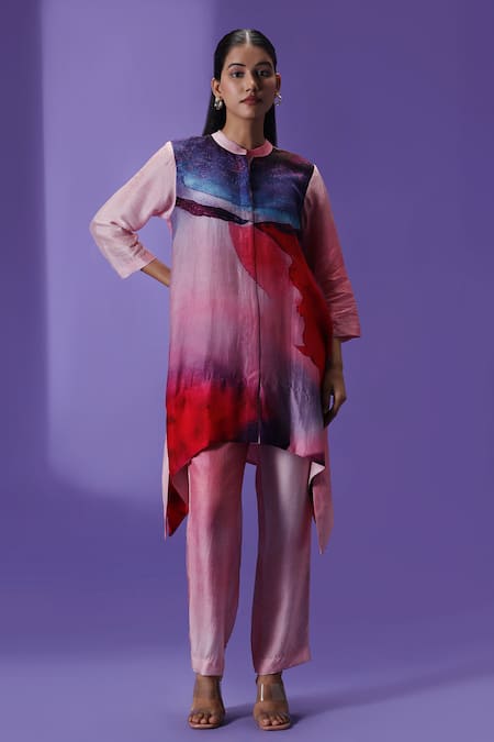 LABEL RADINI Pink Silk Collared Ethereal Hues Printed Kurta Set 