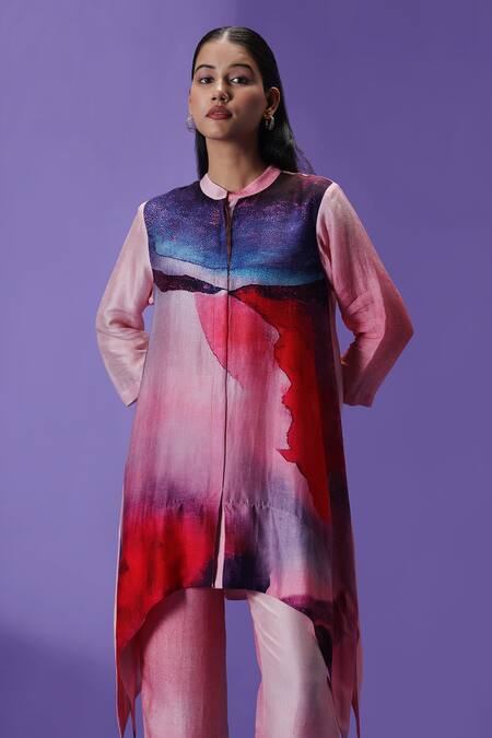 Buy Label Radini Pink Silk Collared Ethereal Hues Printed Kurta Set Online at Aza Fashions Buy_Label Radini_Pink Silk Collared Ethereal Hues Printed Kurta Set _Online_at_Aza_Fashions