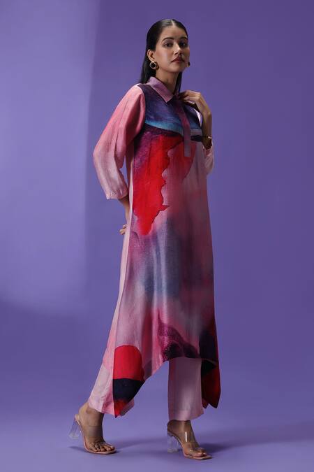 Label Radini_Pink Silk Collared Ethereal Ember Long Kurta Set _Online_at_Aza_Fashions