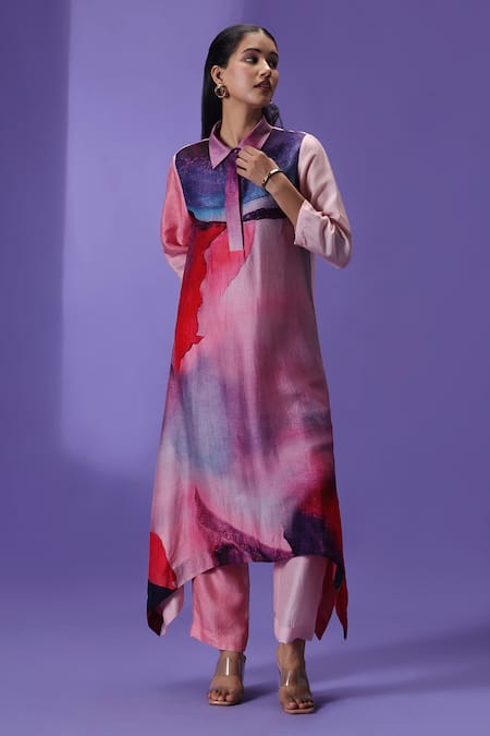LABEL RADINI Pink Silk Collared Ethereal Ember Long Kurta Set 