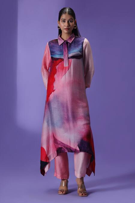 Buy_Label Radini_Pink Silk Collared Ethereal Ember Long Kurta Set _Online_at_Aza_Fashions