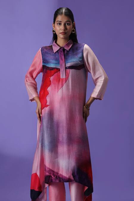 Shop_Label Radini_Pink Silk Collared Ethereal Ember Long Kurta Set _Online_at_Aza_Fashions
