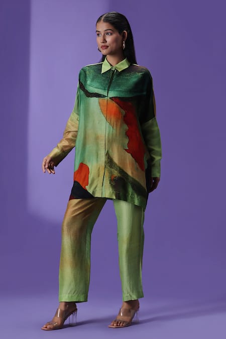 Label Radini_Green Silk Collared Elegance Shirt And Pant Set _Online_at_Aza_Fashions