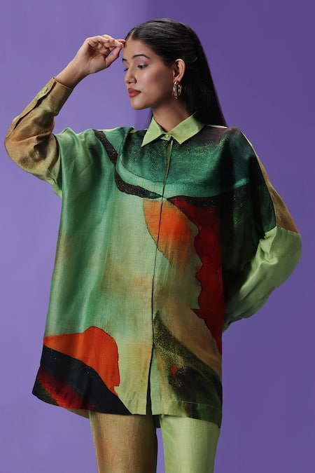 Buy_Label Radini_Green Silk Collared Elegance Shirt And Pant Set _Online_at_Aza_Fashions