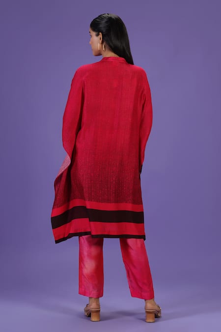 Shop Label Radini Pink Silk Mandarin Collar Urban Crimson Mid Length Kurta Set at Aza Fashions Shop_Label Radini_Pink Silk Mandarin Collar Urban Crimson Mid Length Kurta Set _at_Aza_Fashions