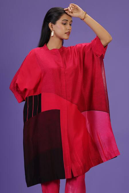 Buy Label Radini Pink Silk Mandarin Collar Urban Crimson Mid Length Kurta Set Online at Aza Fashions Buy_Label Radini_Pink Silk Mandarin Collar Urban Crimson Mid Length Kurta Set _Online_at_Aza_Fashions
