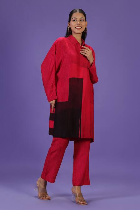 Shop Label Radini Pink Silk Collared Reverie Kurta And Pant Set Online at Aza Fashions Shop_Label Radini_Pink Silk Collared Reverie Kurta And Pant Set _Online_at_Aza_Fashions