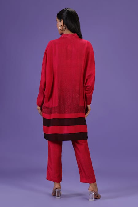 Shop Label Radini Pink Silk Collared Reverie Kurta And Pant Set at Aza Fashions Shop_Label Radini_Pink Silk Collared Reverie Kurta And Pant Set _at_Aza_Fashions