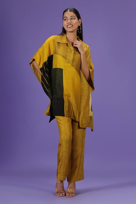 Label Radini Mustard Silk Collared Mirage Kaftan And Pant Set Online at Aza Fashions Label Radini_Mustard Silk Collared Mirage Kaftan And Pant Set _Online_at_Aza_Fashions
