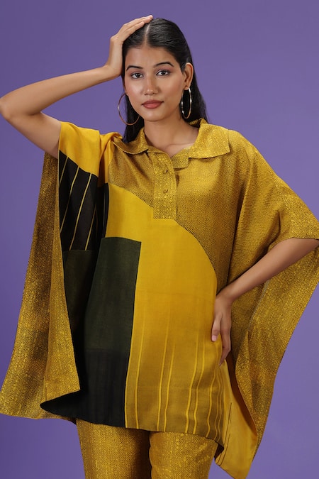 Buy Label Radini Mustard Silk Collared Mirage Kaftan And Pant Set Online at Aza Fashions Buy_Label Radini_Mustard Silk Collared Mirage Kaftan And Pant Set _Online_at_Aza_Fashions