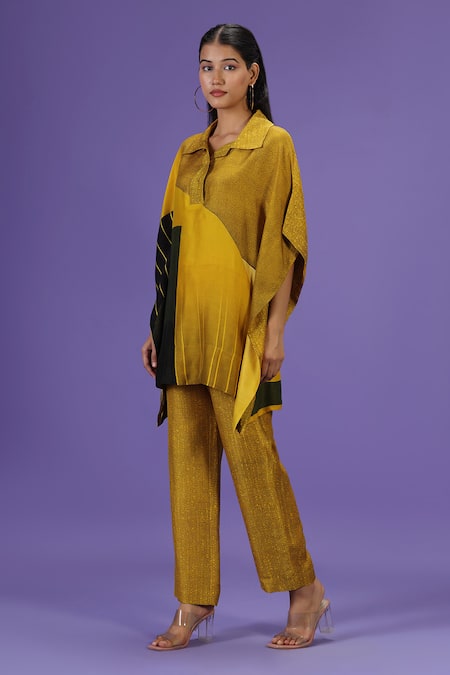 Shop Label Radini Mustard Silk Collared Mirage Kaftan And Pant Set Online at Aza Fashions Shop_Label Radini_Mustard Silk Collared Mirage Kaftan And Pant Set _Online_at_Aza_Fashions