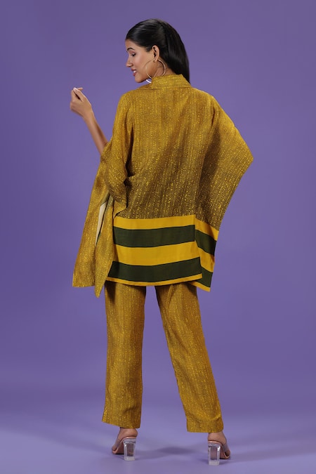 Shop Label Radini Mustard Silk Collared Mirage Kaftan And Pant Set at Aza Fashions Shop_Label Radini_Mustard Silk Collared Mirage Kaftan And Pant Set _at_Aza_Fashions