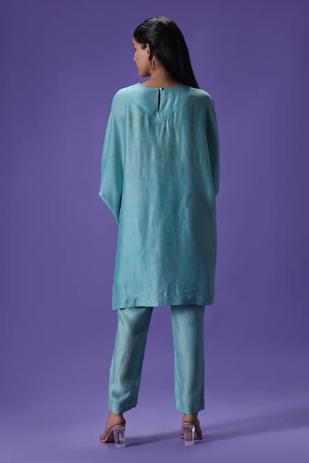 Shop Label Radini Blue Silk Round Neck Serene Blossom Printed Kurta Set at Aza Fashions Shop_Label Radini_Blue Silk Round Neck Serene Blossom Printed Kurta Set _at_Aza_Fashions