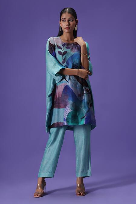 Label Radini Blue Silk Round Neck Serene Blossom Printed Kurta Set Online at Aza Fashions Label Radini_Blue Silk Round Neck Serene Blossom Printed Kurta Set _Online_at_Aza_Fashions