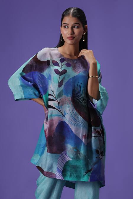Buy Label Radini Blue Silk Round Neck Serene Blossom Printed Kurta Set Online at Aza Fashions Buy_Label Radini_Blue Silk Round Neck Serene Blossom Printed Kurta Set _Online_at_Aza_Fashions
