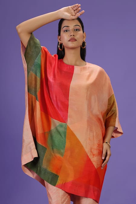 Label Radini_Peach Silk Round Neck Tangerine Bliss Mid Length Kaftan Set _Online_at_Aza_Fashions
