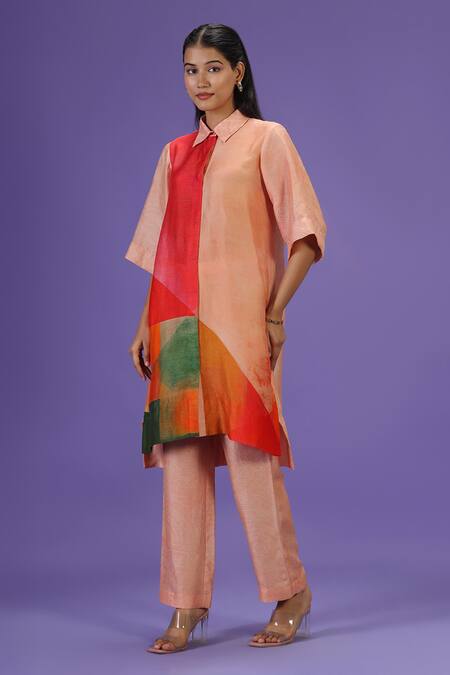 Label Radini_Peach Silk Collared Tangerine Bliss Mid Length Kurta Set _Online_at_Aza_Fashions