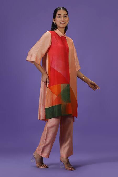 Buy_Label Radini_Peach Silk Collared Tangerine Bliss Mid Length Kurta Set _Online_at_Aza_Fashions