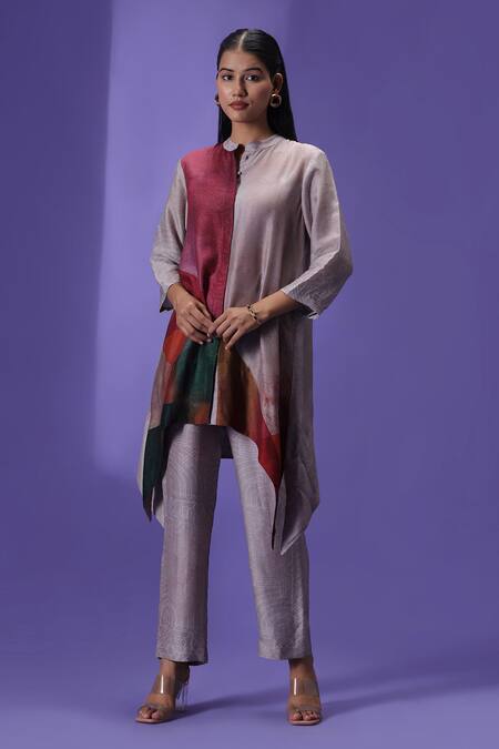 Label Radini_Pink Silk Collared Aurora Haze Printed Kurta Set _Online_at_Aza_Fashions