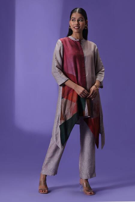 Buy_Label Radini_Pink Silk Collared Aurora Haze Printed Kurta Set _Online_at_Aza_Fashions