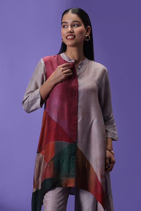 Shop_Label Radini_Pink Silk Collared Aurora Haze Printed Kurta Set _Online_at_Aza_Fashions