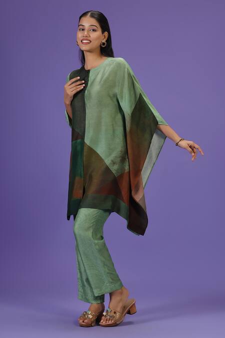 Buy Label Radini Green Silk Round Neck Olive Poise Short Kaftan Set Online at Aza Fashions Buy_Label Radini_Green Silk Round Neck Olive Poise Short Kaftan Set _Online_at_Aza_Fashions