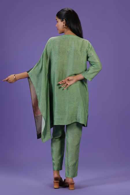 Shop Label Radini Green Silk Round Neck Olive Poise Short Kaftan Set at Aza Fashions Shop_Label Radini_Green Silk Round Neck Olive Poise Short Kaftan Set _at_Aza_Fashions