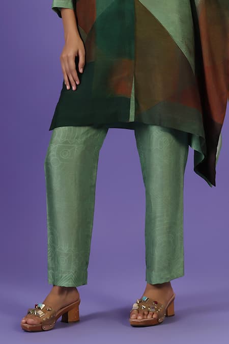 Shop Label Radini Green Silk Round Neck Olive Poise Short Kaftan Set Online at Aza Fashions Shop_Label Radini_Green Silk Round Neck Olive Poise Short Kaftan Set _Online_at_Aza_Fashions