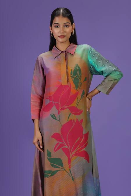 Label Radini_Multi Color Silk Collared Mystic Petals Long Kurta Set _Online_at_Aza_Fashions