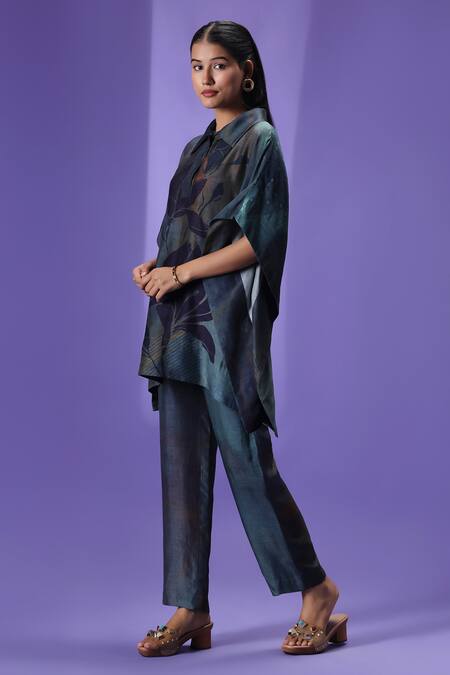 Label Radini_Multi Color Silk Collared Shadow Drape Kaftan Set _Online_at_Aza_Fashions
