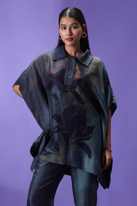Shop_Label Radini_Multi Color Silk Collared Shadow Drape Kaftan Set _Online_at_Aza_Fashions