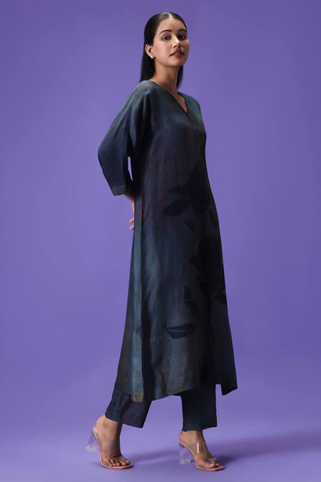 Label Radini_Multi Color Silk V-neck Twilight Grace Long Kurta Set _Online_at_Aza_Fashions