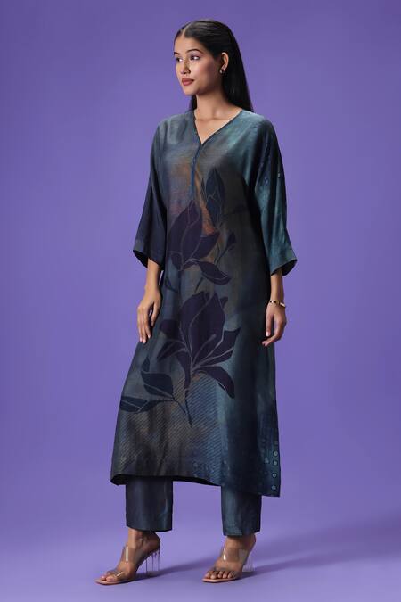 Buy_Label Radini_Multi Color Silk V-neck Twilight Grace Long Kurta Set _Online_at_Aza_Fashions