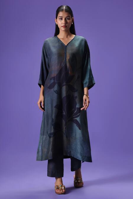 LABEL RADINI Multi Color Silk V-neck Twilight Grace Long Kurta Set 