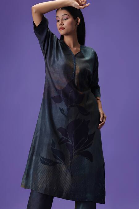 Shop_Label Radini_Multi Color Silk V-neck Twilight Grace Long Kurta Set _Online_at_Aza_Fashions