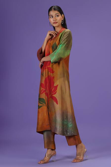 Label Radini_Multi Color Silk Collared Autumn Bloom Kurta Set _Online_at_Aza_Fashions