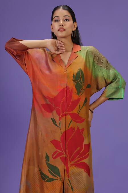 Shop_Label Radini_Multi Color Silk Collared Autumn Bloom Kurta Set _Online_at_Aza_Fashions