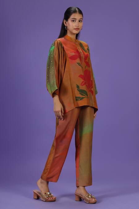 Label Radini Multi Color Silk Mandarin Collar Floral Majesty Dupion Pant Set Online at Aza Fashions Label Radini_Multi Color Silk Mandarin Collar Floral Majesty Dupion Pant Set _Online_at_Aza_Fashions