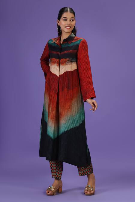 Label Radini Multi Color Silk Collared Printed Kurta And Pant Set Online at Aza Fashions Label Radini_Multi Color Silk Collared Printed Kurta And Pant Set _Online_at_Aza_Fashions