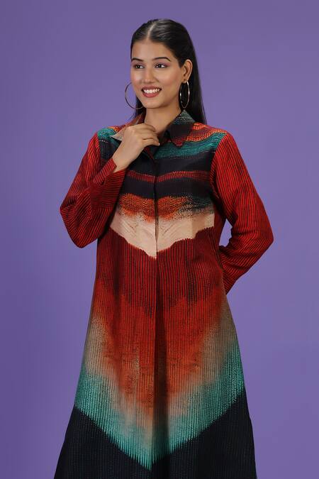 Shop Label Radini Multi Color Silk Collared Printed Kurta And Pant Set Online at Aza Fashions Shop_Label Radini_Multi Color Silk Collared Printed Kurta And Pant Set _Online_at_Aza_Fashions