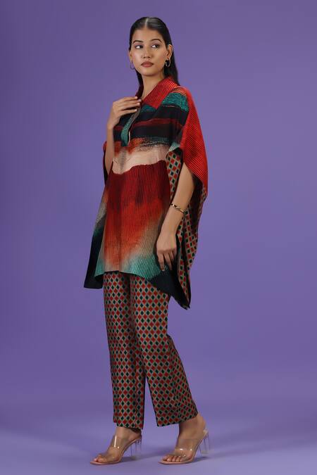 Label Radini_Multi Color Silk Collared Celestial Flow Kaftan And Pant Set _Online_at_Aza_Fashions