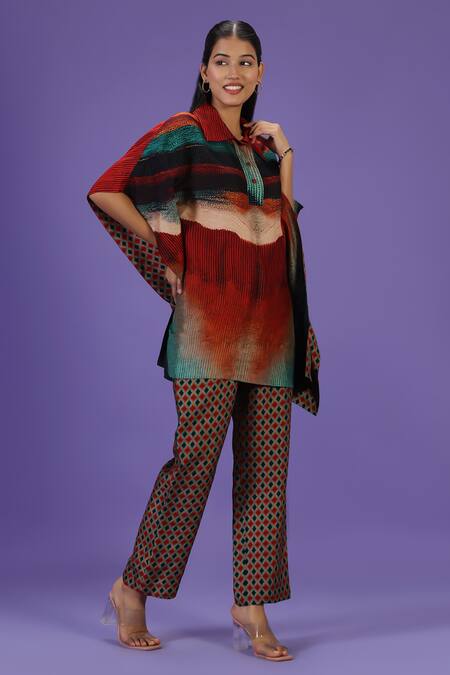 Buy_Label Radini_Multi Color Silk Collared Celestial Flow Kaftan And Pant Set _Online_at_Aza_Fashions