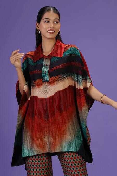 Label Radini_Multi Color Silk Collared Celestial Flow Kaftan And Pant Set _at_Aza_Fashions