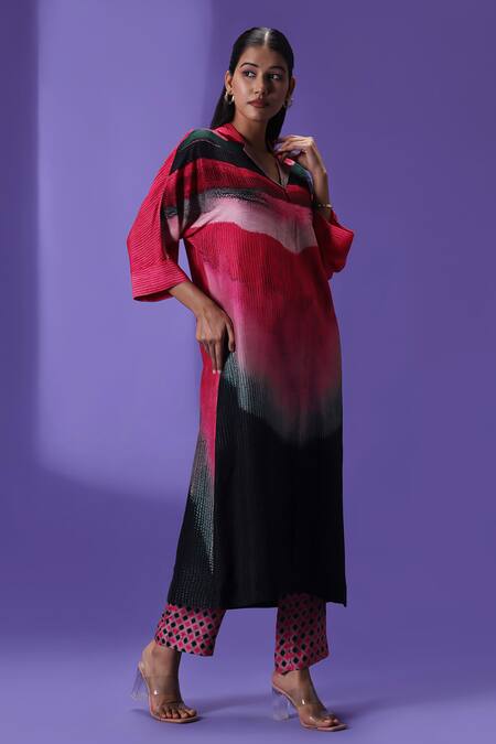 Label Radini_Multi Color Silk Collared Midnight Blush Long Kurta Set _Online_at_Aza_Fashions