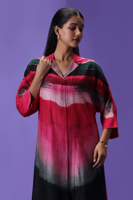 Buy_Label Radini_Multi Color Silk Collared Midnight Blush Long Kurta Set _Online_at_Aza_Fashions