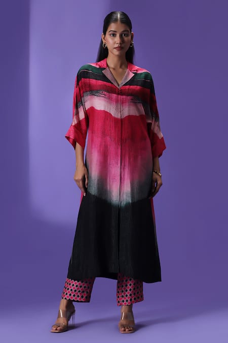 LABEL RADINI Multi Color Silk Collared Midnight Blush Long Kurta Set 