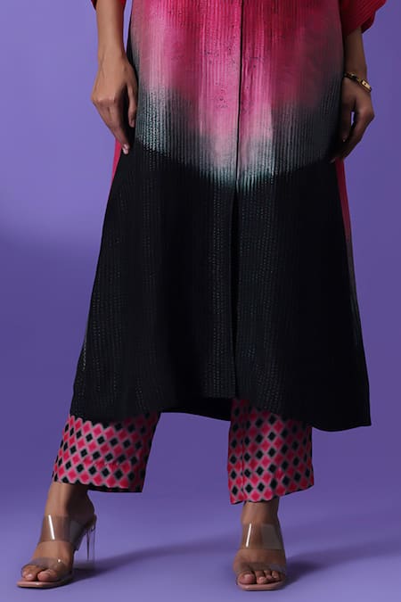 Shop_Label Radini_Multi Color Silk Collared Midnight Blush Long Kurta Set _Online_at_Aza_Fashions